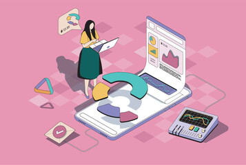 Fototapete - Business statistics concept in 3d isometric design. Woman analyzing stock market on diagrams, charts and graphs at dashboard screens. Vector illustration with isometry people scene for web graphic