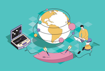 Aufkleber - Global strategy concept in 3d isometric design. Man developing business and planning worldwide expansion with opening company branches. Vector illustration with isometry people scene for web graphic