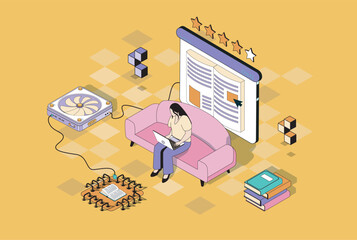 Online reading concept in 3d isometric design. Woman read e-book using laptop program, buying electronic literature at online bookstore. Vector illustration with isometry people scene for web graphic