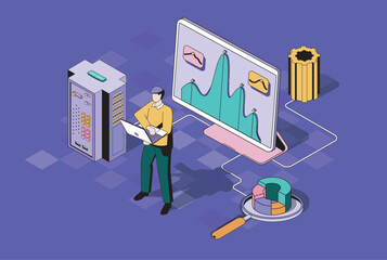 Fototapete - Seo optimization concept in 3d isometric design. Man analyze algorithms and statistic data, selects keywords and optimizes site ranking. Vector illustration with isometry people scene for web graphic