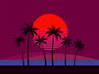 Black silhouettes of palm trees at sunset. Tropical landscape with palm trees and red sun in 80s style. Design for posters, banners and printing of promotional products. Vector illustration