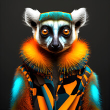 Realistic Lifelike Lemur In Fluorescent Electric Highlighters Ultra-bright Neon Outfits, Commercial, Editorial Advertisement, Surreal Surrealism. 80s Era Comeback. 