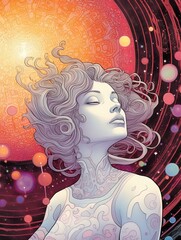 Wall Mural - Woman lost in meditation and contemplation, universe of bubbles around her, dreaming woman. Spirituality, esoteric, prayers. Generative AI.