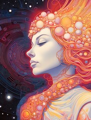 Wall Mural - Woman lost in meditation and contemplation, universe of bubbles around her, dreaming woman. Spirituality, esoteric, prayers. Generative AI.