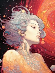 Wall Mural - Woman lost in meditation and contemplation, universe of bubbles around her, dreaming woman. Spirituality, esoteric, prayers. Generative AI.