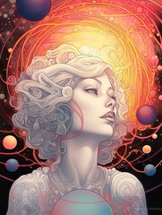 Wall Mural - Woman lost in meditation and contemplation, universe of bubbles around her, dreaming woman. Spirituality, esoteric, prayers. Generative AI.