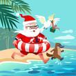 Santa Claus on a sandy beach in Australia with platypus and cockatoo, running into ocean happily with palm trees in background. 