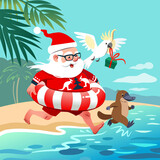 Fototapeta Dinusie - Santa Claus on a sandy beach in Australia with platypus and cockatoo, running into ocean happily with palm trees in background. 