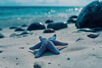 Wall Mural - Blue starfish on the sand with the sea in the background. seashore, place for text, copy space. Travel, vacation. A blue seastar (Linkia laevigata). High quality photo Generative AI