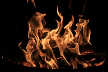 Poster - Closeup shot of wood heating in fire against a black background