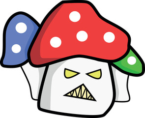 Sticker - Angry mushroom cartoon characters with red blue and green hats against white background