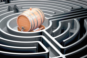 Poster - wooden barrel inside dark labyrinth, 3d rendering