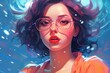 portrait of a beautiful young woman with short brown hair and pink sunglasses under the water with blue background. amazing cartoonish artstyle with vibrant colors. Generative AI