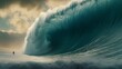 A man, a surfer in front of a giant wave. The concept of the power of nature and the vulnerability of man to its forces. Huge waves Tsunami Big waves generative ai