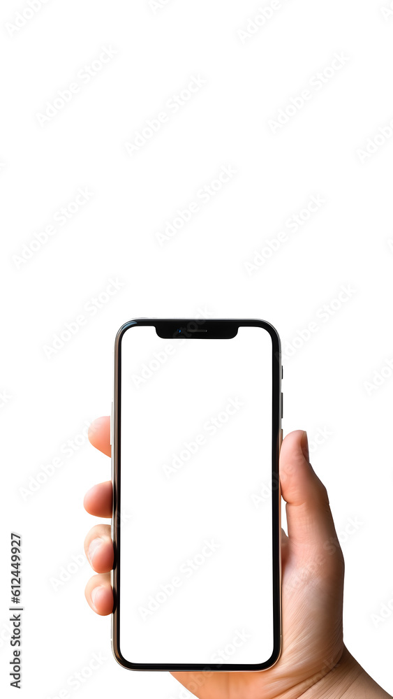 Hand holding black smartphone with white screen mockup and isolated on ...
