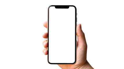 right hand with smartphone transparent screen on transparent background, horizontal image of hand wi