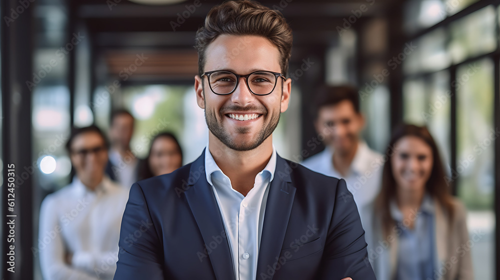 Young smiling businessman standing in front of team, smiling at camera ...