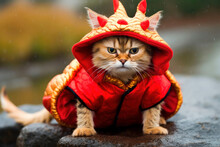 Cute Domestic Cat In A Halloween Dragon Costume Closeup On An Isolated Background. The Symbol Of The Year In The Chinese Calendar. Year Of The Dragon. New Year 2024. Merry Christmas. Generative AI