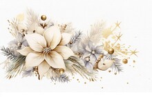 Christmas Background With Poinsettia Flowers And Fir Branches