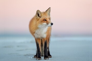 Canvas Print - Red fox standing on the background of the soft pink sky at sunset