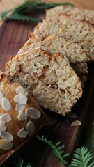 Canvas Print - Closeup shot of the sweet egg-free bread made with cinnamon and topped with almond flakes