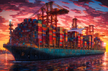 Wall Mural - the container ship in a port near sunset