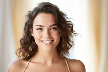 Wall Mural - smiling young woman with curly brown hair created with Generative AI technology