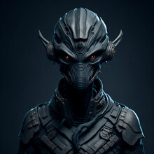 Portrait Of Stylish Grey Alien In Military Wear Standing On Dark Background. Generative AI Technology