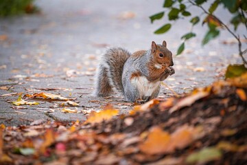 Poster - Cute squirrel in the park on the blurred background on a sunny autumn day