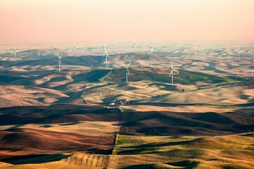 Sticker - Beautiful view of wind turbines on a wheat field during a sunset in Palouse