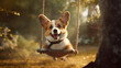© Наталья Евтехова - A funny corgi sitting on a swing, wearing a playful expression as it enjoys a carefree moment of swinging back and forth in pure joy Generative AI