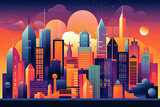 Fototapeta Nowy Jork - Futuristic vision of a city skyline with vibrant colors. Abstract flat illustration. Generative AI