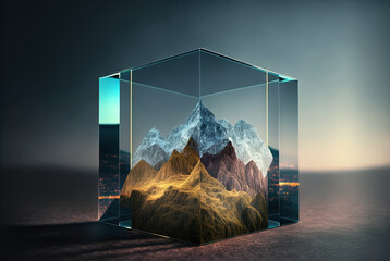 mysterious glass cube on the natural landscape. shiny mystic geometric object on abstract background