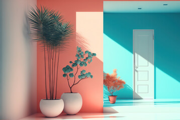 Sticker - Abstract colorful interior with plants and minimalistic decorations. Vivid colored architectural background. Generated AI