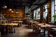 © evgeniia_1010 - The industrial interior is a loft-style bar with modern wooden furniture, large light windows and evergreen plants. Generative AI.