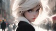 © yj - extremely beautiful attractive anime girl with blonde fluttering hair, glistening skin in the street. japanese animation style illustration. generative AI