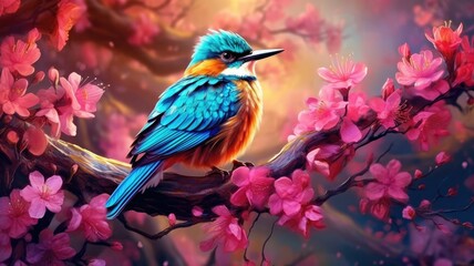 Wall Mural - Colorful bird flutters among blooming flowers, spreading joy with its melodious song. Generative AI