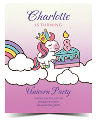 Cute doodle unicorn 9 birthday party invitation card. Ready to print. Vector illustration