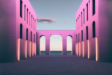 Poster - Vaporwave landscape with abstract building with pillars. 80s styled pink and blue minimalistic architectural scene. Generated AI.