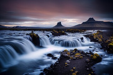 Canvas Print - Landscape with sunrise at famous Kirkjufellsfoss waterfall and Kirkjufell mountain, Iceland.