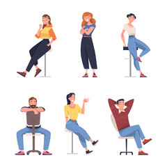 Sticker - Young Smiling Man and Woman Sitting on Chair and in Standing Pose Vector Illustration Set