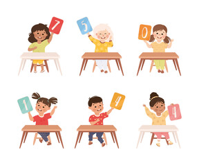 Sticker - Little Children with Numbers Sitting at Desk Showing Card with Numeral Vector Set