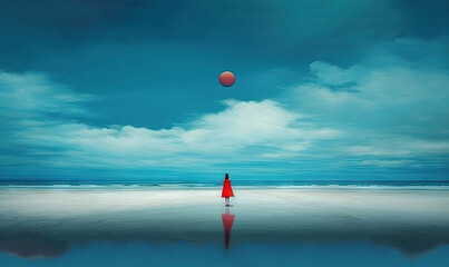  a person standing on a beach with a red ball in the air above them and a red cone in the middle of the beach, with a blue sky and white background.  generative ai