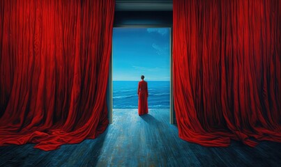 Poster -  a man standing in front of a red curtain looking out at the ocean from a room with a red drapes on the windowsill.  generative ai