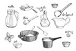 © mashikomo - Vector vintage hand-drawn set of ingredients for cooking bechamel isolated on white. Collection of sketches of products for making sauce.