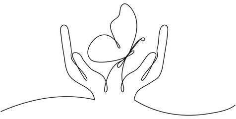 Wall Mural - hands holding butterfly flying continuous line art drawing. vector illustration isolated on white.