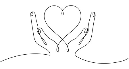 Wall Mural - Continuous one line drawing hands holding heart. Charity donation linear concept. Vector isolated on white.