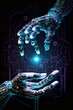 Robot hands touching on big data network connection,  digital technology, science and artificial intelligence, cyber security concept
