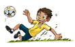 Drawing of boy playing soccer with ball on the grass