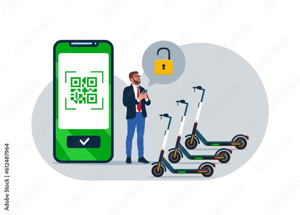 Human with mobile phone using electric scooter service through QR code ...